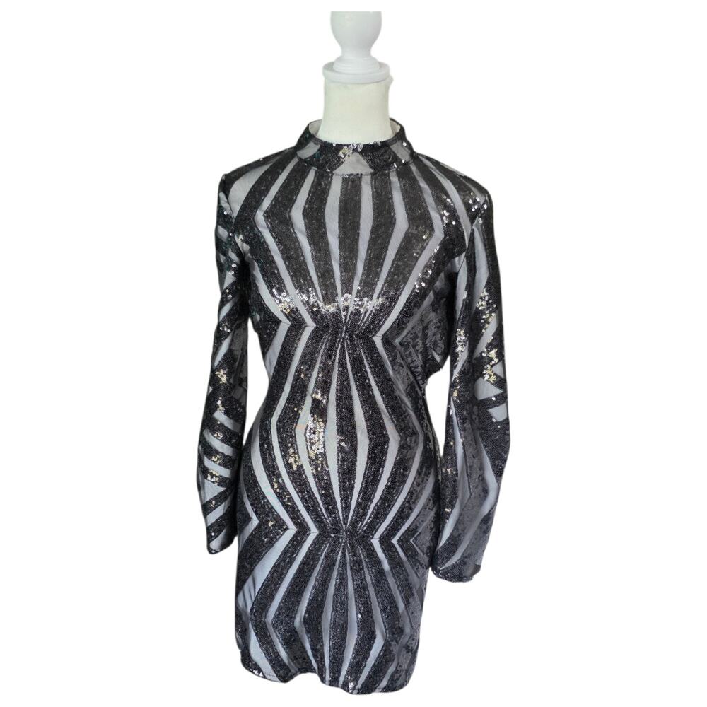 CBR Sequin Mini Dress Womens M Black Silver Geometric Open Back Bodycon Party
